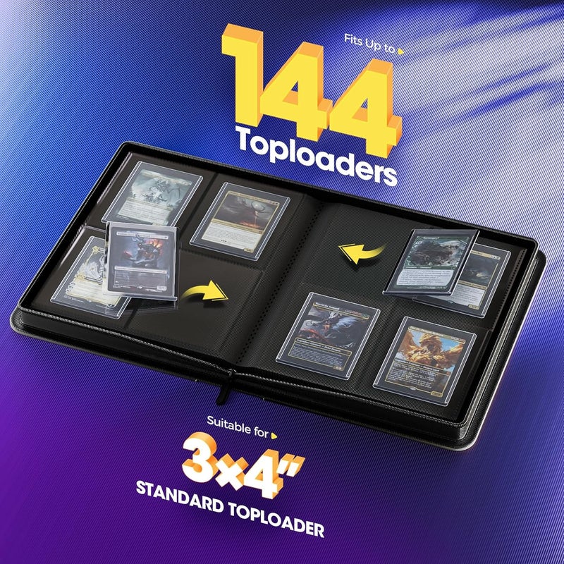 Procase 4 Pocket Top Loader Binder, Holding 144 Cards in 3"x4" Toploaders, Side Loading Small Book Folder with Clear Window for Pokemon, Trading, Sports Cards Collection TCG, MTG -Black - Image 4
